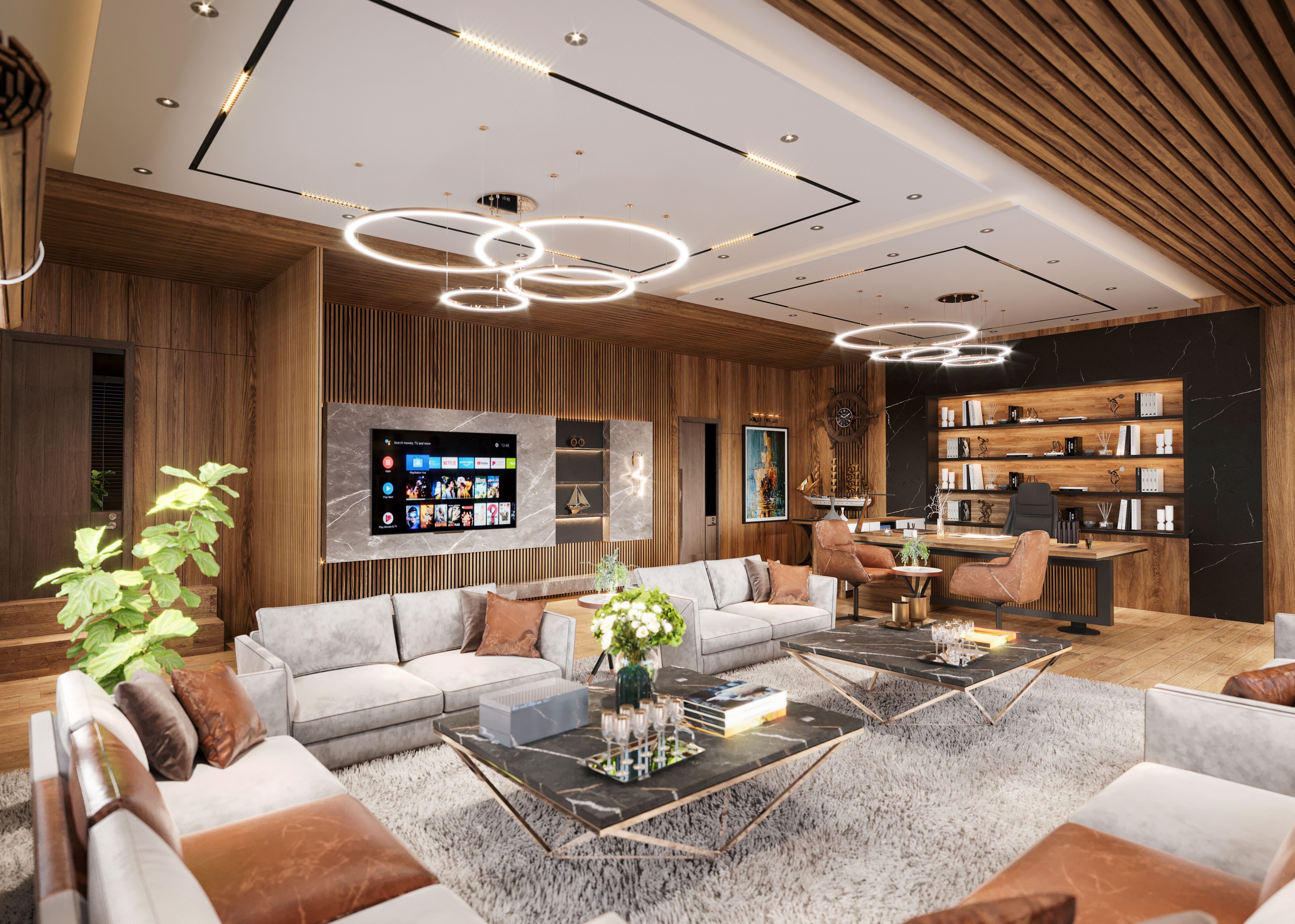 Luxury living room with warm wood panelling and designer decor by Beyond Briks Luxury living room with warm wood panelling and designer decor by Beyond Briks