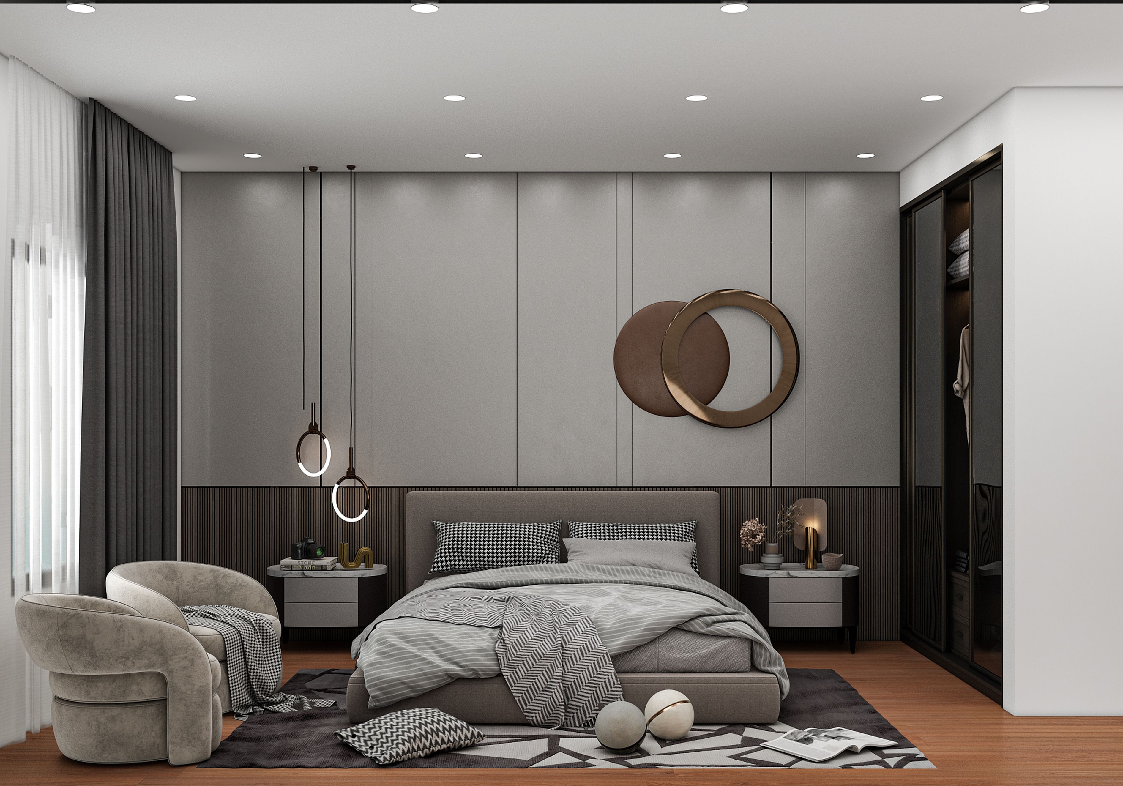 Luxury master bedroom with upholstered headboard, designer wardrobe and ambient pendant lighting by Beyond Briks Luxury master bedroom with upholstered headboard, designer wardrobe and ambient pendant lighting by Beyond Briks