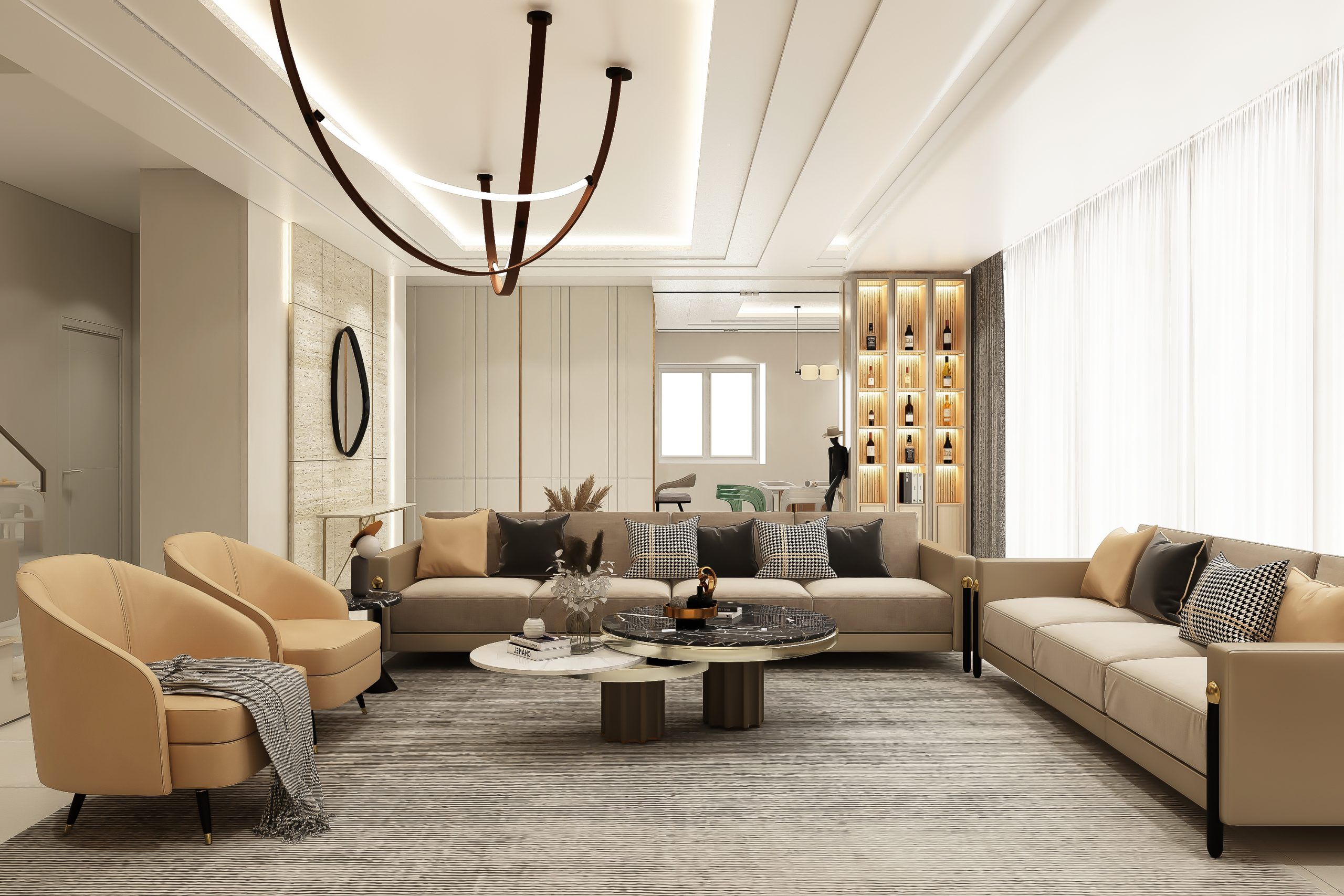 Luxury living room with statement pendant lighting and curated decor by Beyond Briks