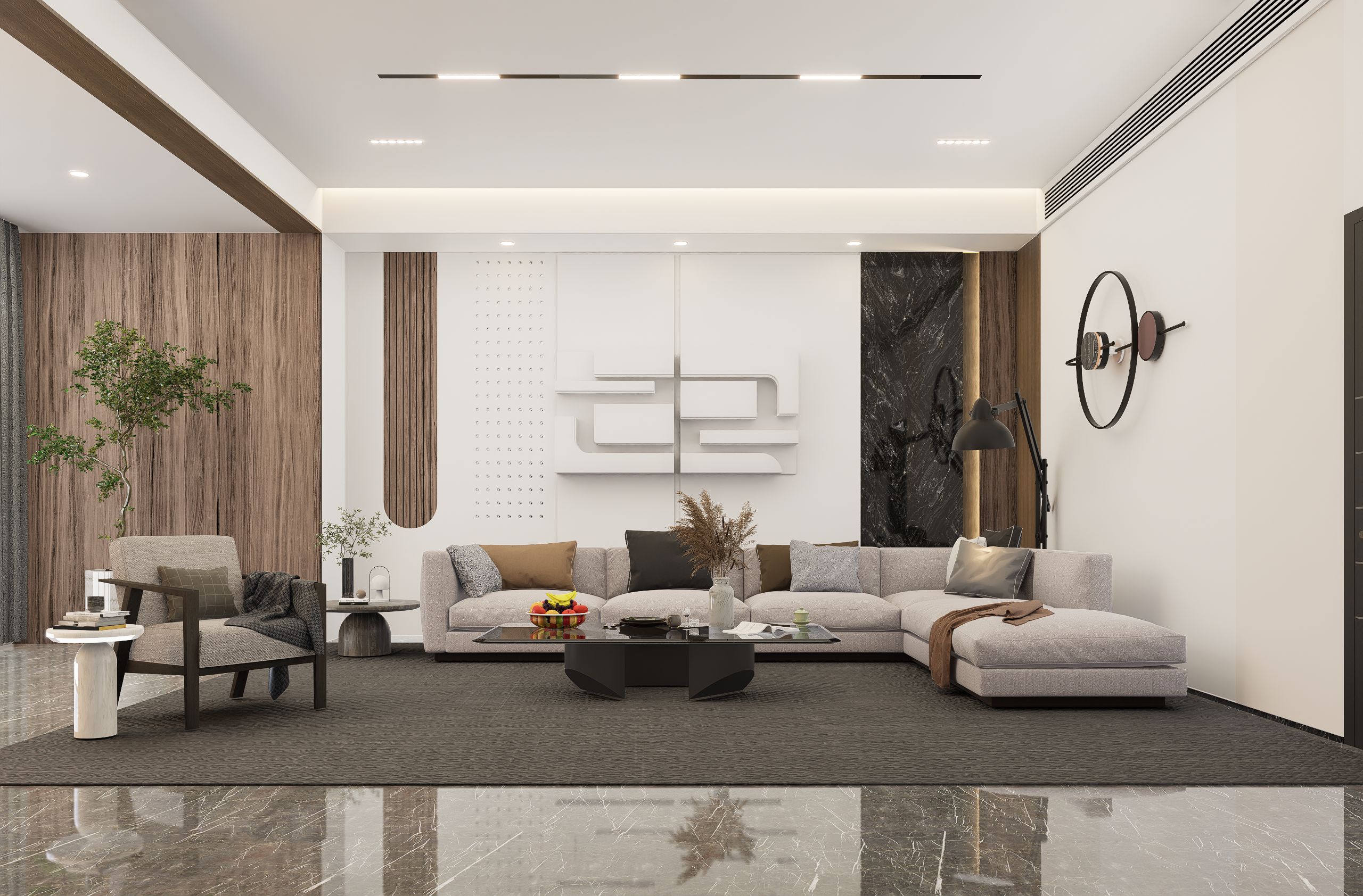 Luxury living room with sculptural wall art and designer sectional by Beyond Briks