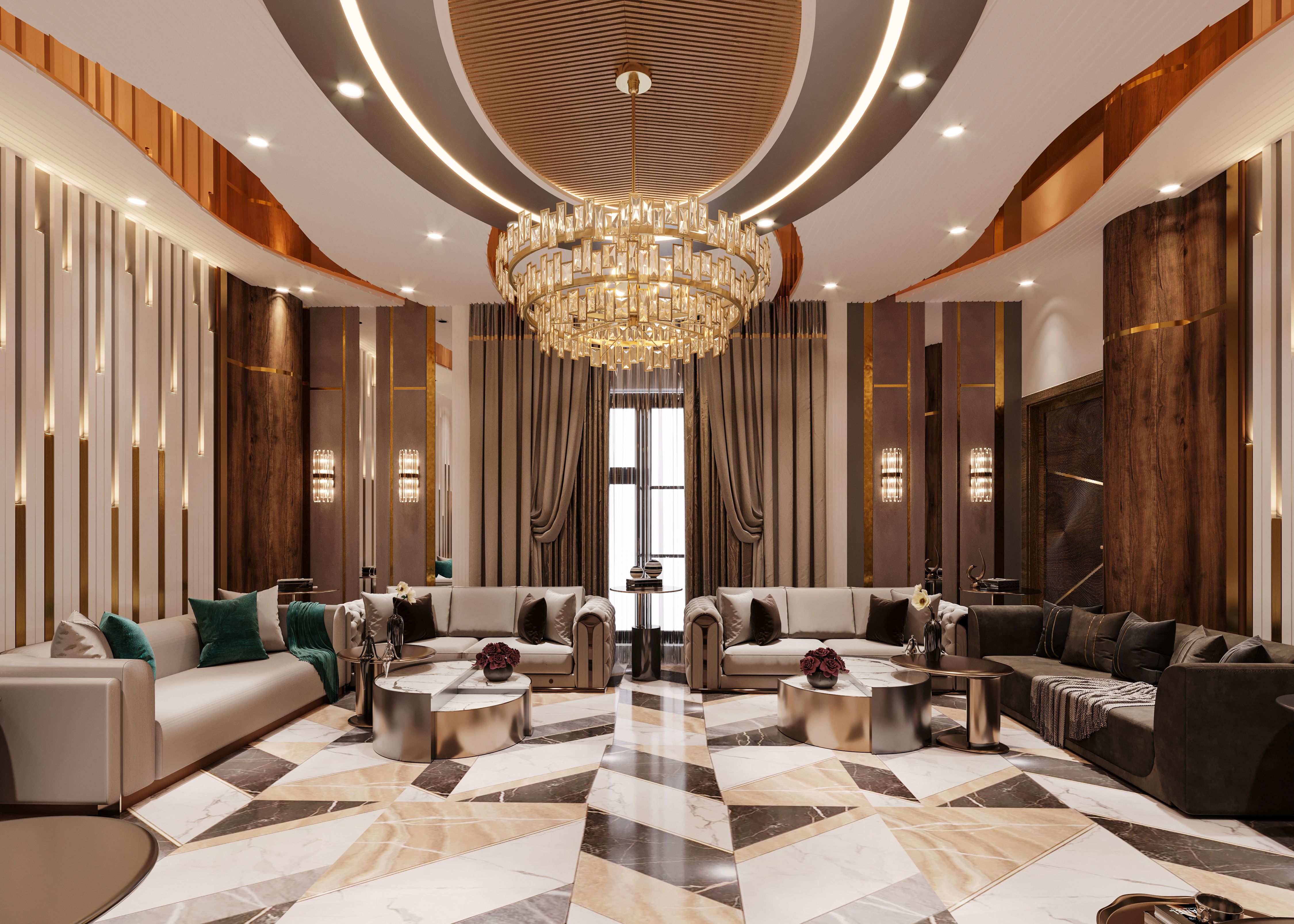 Luxury living room with crystal chandelier and designer seating by Beyond Briks Luxury living room with crystal chandelier and designer seating by Beyond Briks