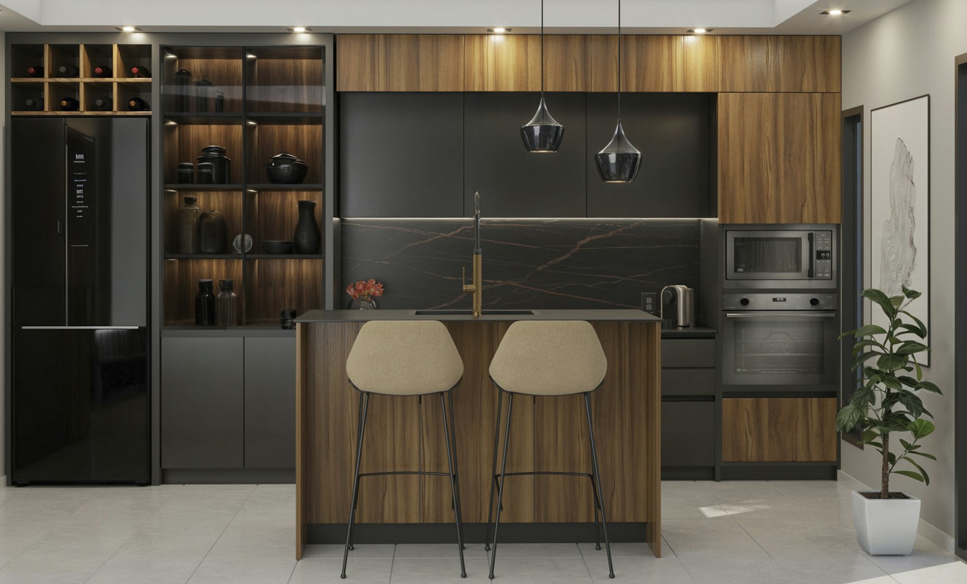 Luxury island kitchen with large seating island and premium pendant lighting
