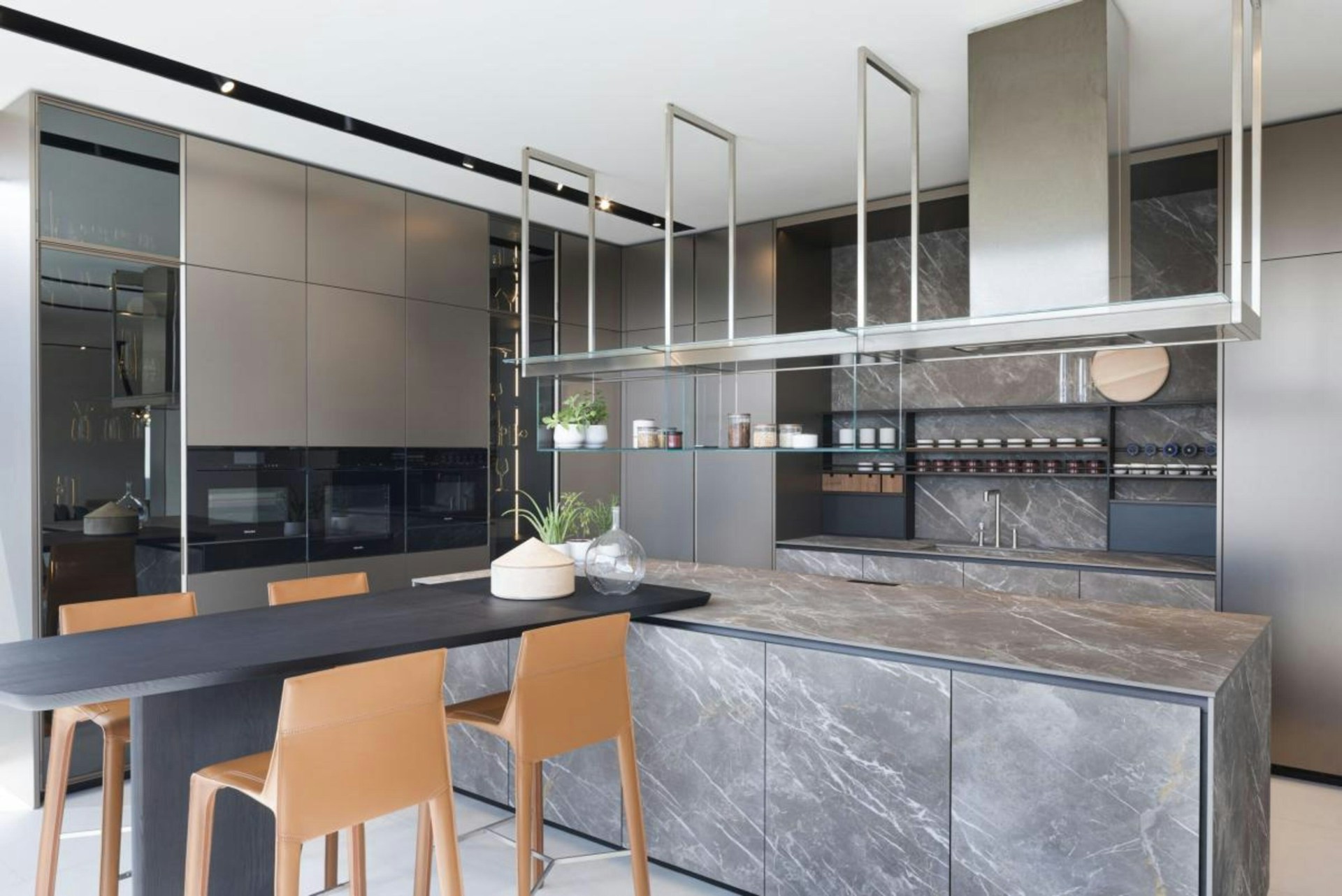 U-shaped modular kitchen with three-sided countertop layout and maximum storage