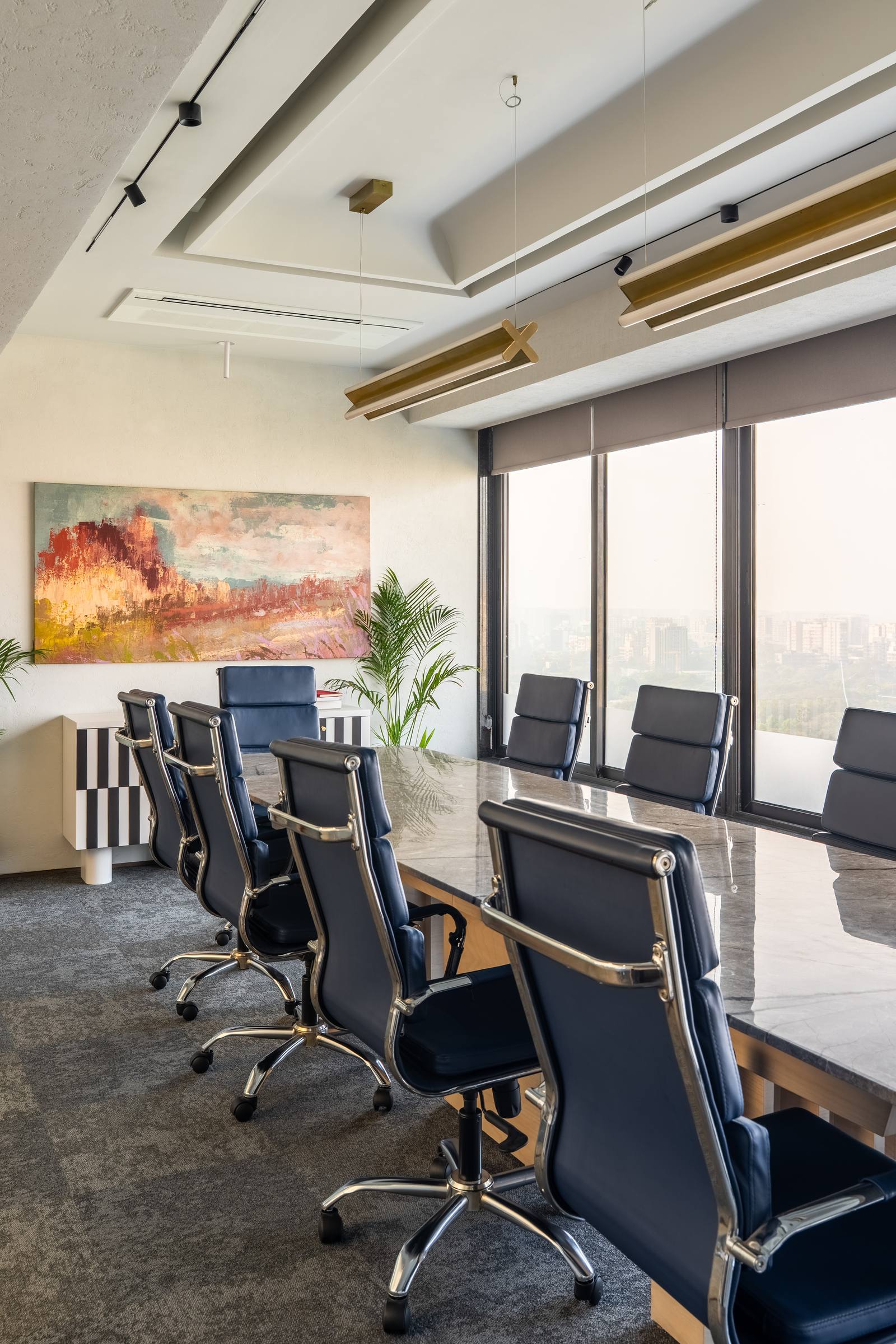 Commercial interior design boardroom with skyline view