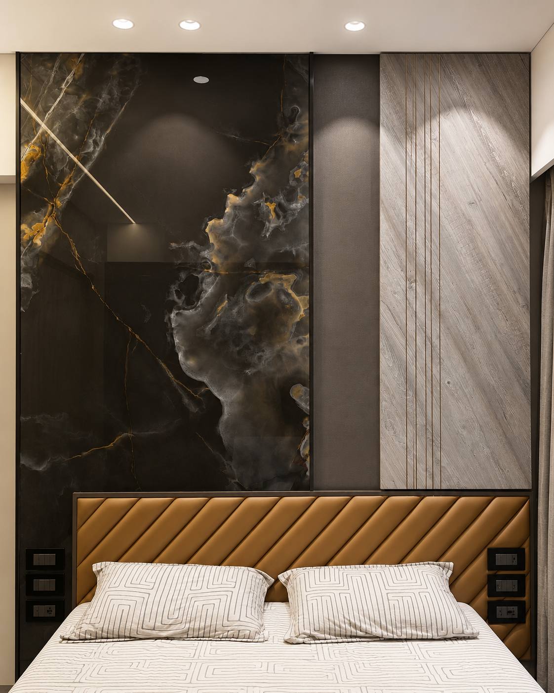 Luxury bedroom with book-matched marble accent wall and leather headboard by Beyond Briks