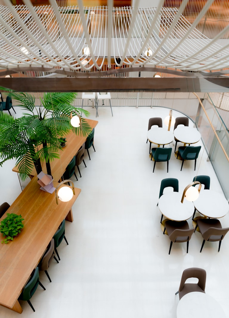 Modern cafe interior design with natural light and designer furniture