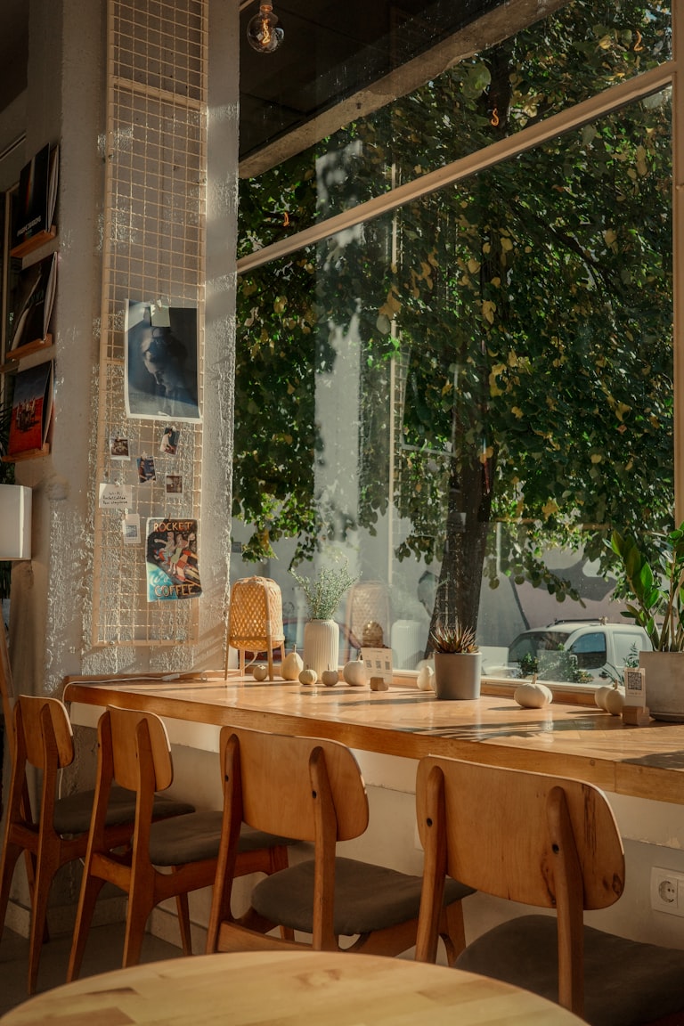 Rustic restaurant interior design style with warm wooden furniture