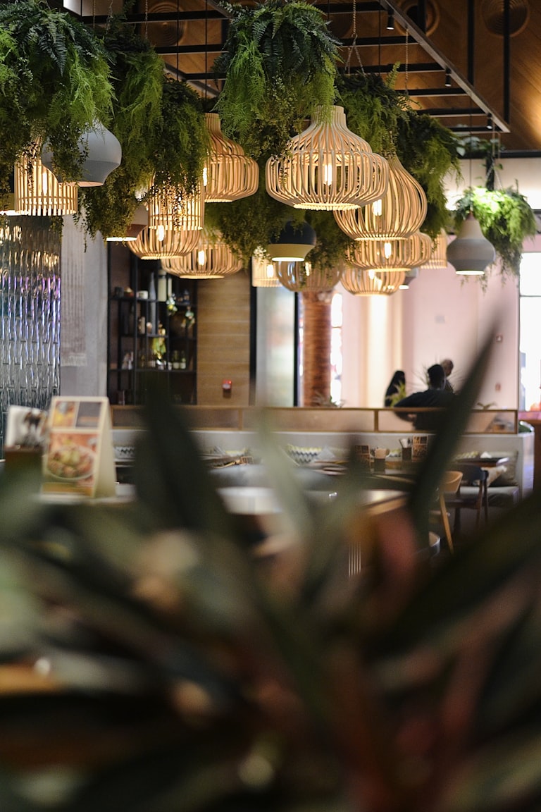 Theme-based restaurant interior design style with decorative hanging greenery